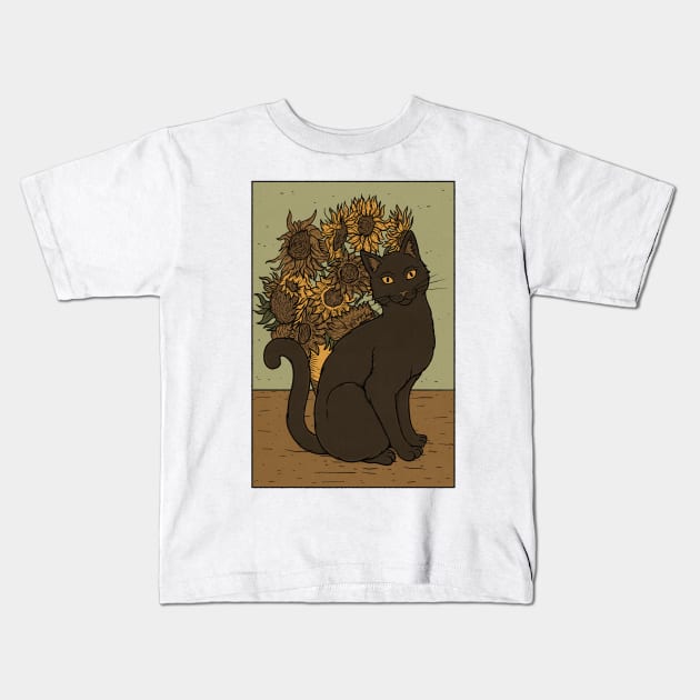 Cat and Sunflowers Kids T-Shirt by thiagocorrea